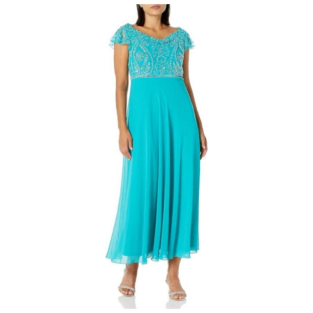 **J Kara** Women's Back and Front Cowlneck Beaded Short Sleeve Gown 14P NWT